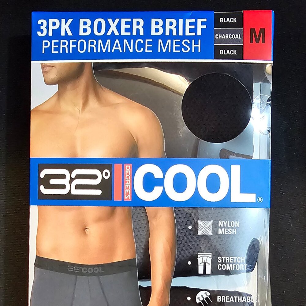 Mens 32 Degrees Cool 3-Pack Comfort Mesh Boxer Brief, Black Size M